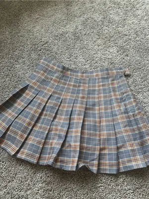 Pleated Gray & Tan Plaid Mini Skirt thumbnail 2
