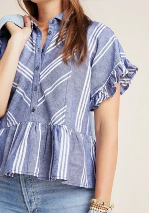 Anthropologie Maeve Allison Flounced‎ Button Down Blouse XS Linen Cotton Striped thumbnail 1