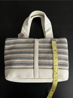 The Sak White Gray Seafoam Striped Crochet Tote Bag Leather Trim Mini Tote Purse thumbnail 9