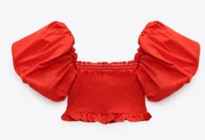 ZARA Top Bubble Sleeve Red Cropped  thumbnail 1