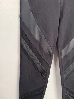 Alo Leggings Long Black Net Trim Inserts Diagonal Design Satin Strips thumbnail 2