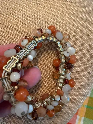 Boho Cluster Bead Wrap Stretch Bracelet, Earth Tones -Orange & Cream thumbnail 5