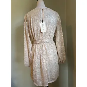 Vine & Love Sparkling Gold Sequin Long Sleeve Belted‎ Mini Dress Party Glam Y2K boho fairy thumbnail 4