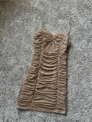 Ruched Spaghetti-Strap Bodycon Dress in Tan thumbnail 2