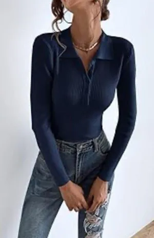 Violets & Roses NWT Women Small Blue Ribbed Knit Long Sleeve Bodysuit Fall Chic thumbnail 1