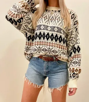 American Vintage Vintage Abstract Geometric Fair Isle Patterned Crewneck Sweater in Cream thumbnail 1