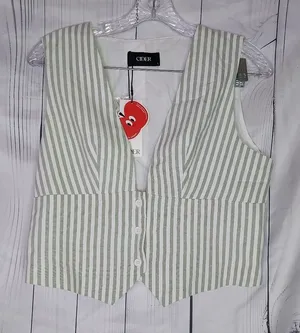 Cider Green And White Striped Women's Cropped Preppy Coastal Corporate Vest NWT thumbnail 1