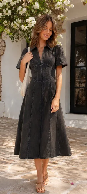 ELLIATT Matisse Denim Short Sleeve Midi Dress Black Size S NWT thumbnail 1