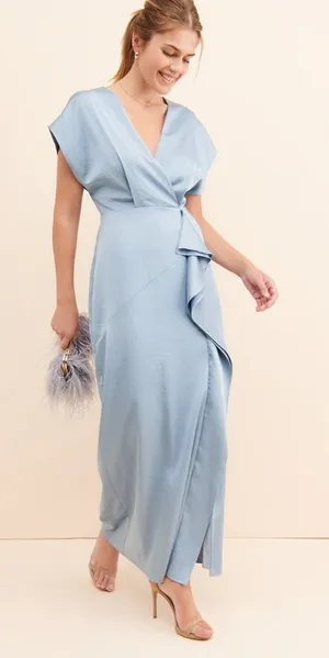 Harlyn Dusty Blue Ruffle Maxi Dress XS Wedding Guest‎ Bridesmaid Coquette thumbnail 1