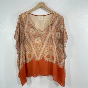 Maeve Anthropologie Nalina 100% Silk Blouse Large Orange Paisley Boho Kimono Top thumbnail 3