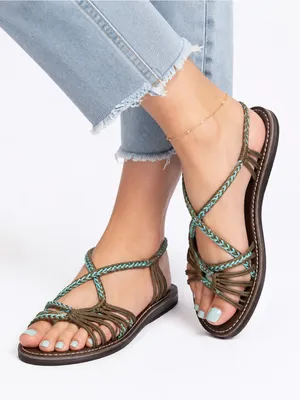 Plaka Size 7 Brown Turquoise Braided Rope Flat Sandals Bohemian Outdoors Beach thumbnail 1