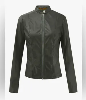 NEW Green Vegan Leather Classic Moto Biker Zipper Jacket XL thumbnail 4