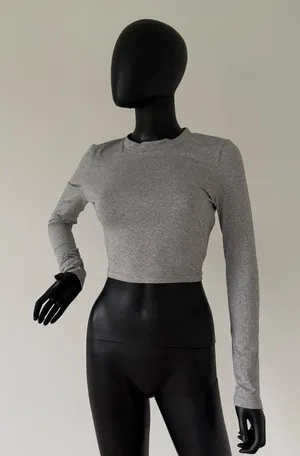 Gym Top Crop Top Long Sleeve Tee Round Neck Cropped Fitted Blouse Shirt Sport Top thumbnail 1