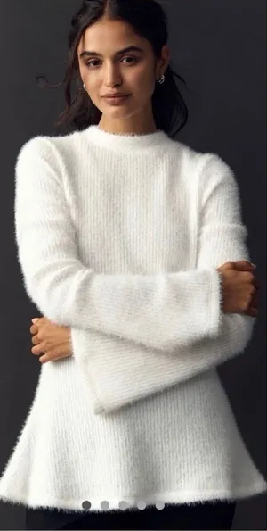 Anthropologie Maeve Tie Back Bell Sleeve Top Tunic Sweater Ivory White S NWT thumbnail 1