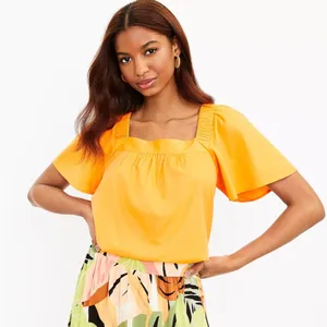 Loft Petite Flutter Sleeve Square Neck tangerine Top Orange cotton modal Large thumbnail 8