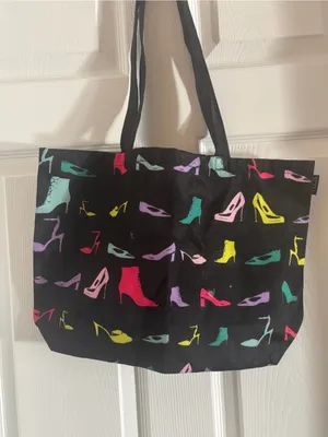 Macy’s Medium Reusable Canvas Tote Bag with Colorful Shoe Print - Black thumbnail 3