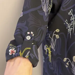 LOFT Black and Navy CrewNeck Floral Long Sleeve Blouse with Side Slits- Medium thumbnail 6