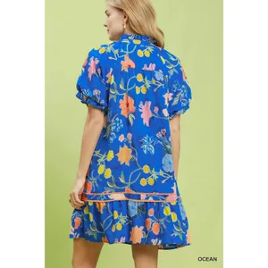 Umgee Floral Ruffle Hem Mini Dress - Ocean - Small thumbnail 3