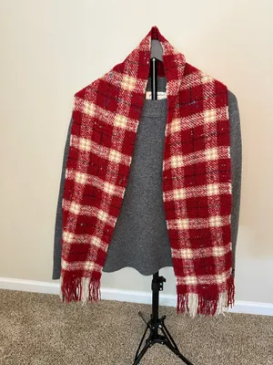 Burberry Red and Cream Checked Fringe Scarf thumbnail 4