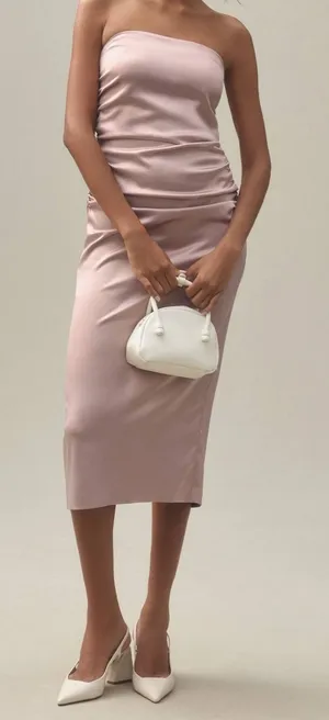 NWT Anthropologie BHLDN Selena Strapless Stretch Satin Midi Dress in Rose Pink thumbnail 1