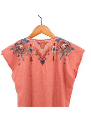 Johnny Was Embroidered Terracotta Cap Sleeve V-Neck Tee Shirt Top S thumbnail 6