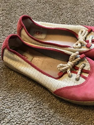 UGG Catrin Crochet Slip Ons Coral Red Pink Beige Espadrille LEATHER Flats US 8 thumbnail 5
