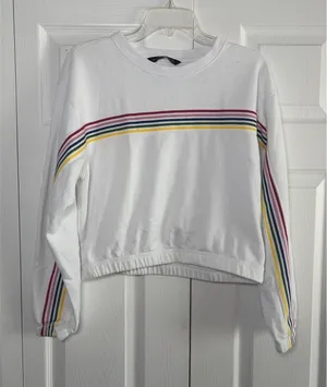 Abercrombie & Fitch Rainbow Stripe Cropped Sweatshirt Womens Size S White Y2K thumbnail 1