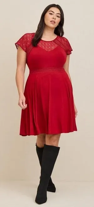 Torrid Womens Dress Sz 0‎ L 12 Red Mini Super Soft Lace Inset Skater NEW thumbnail 1