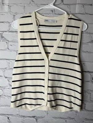 ZARA Cream & Black Striped Knit Button Front Vest size large thumbnail 1