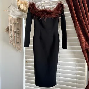 Mew Mews Black Feather Trim Maxi Dress Gown Medium Formal Cocktail Old Hollywood thumbnail 2