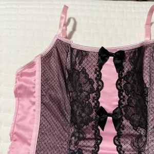 Victoria’s Secret Corset Style Tank Top Sz M Medium Pink With Black Lace thumbnail 3