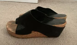 Donald Pliner Asymmetric Cork Wedge Sandals- Black- Sz 8.5 thumbnail 1