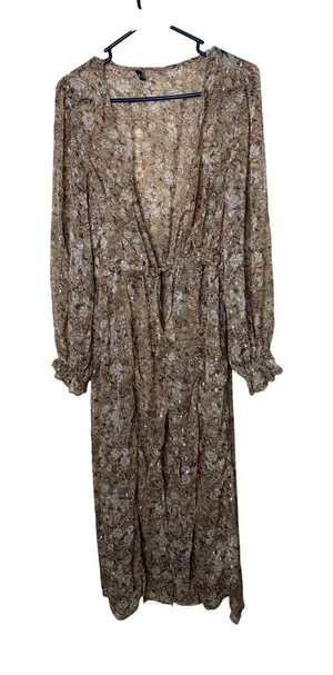 Express Womens Floral Metallic Sheer Duster Cardigan Brown Tan M/L thumbnail 1