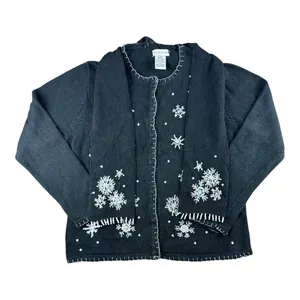 White Stag Vintage Snowflake Beaded Cardigan Sweater Black XL Scarf Christmas thumbnail 1