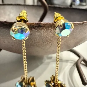 Gold Tone AB Crystal Drop Earrings | Vintage Style Chain Dangle Floral Cluster thumbnail 4