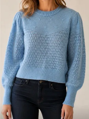 Stellah light blue crewneck pointelle knit sweater, Medium thumbnail 1