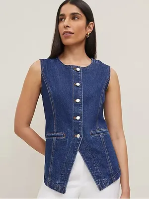 Ann Taylor Long Crew Neck Refined Denim Blue Vest Size Large thumbnail 1