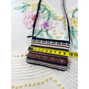 Boho Southwestern Woven Cotton Crossbody‎ Bag Fringe Geometric Navy Multi thumbnail 4