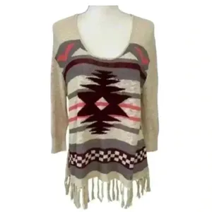 American Rag Cie Aztec Boho Sweater Size Medium with Tassels/ Fringe. thumbnail 2