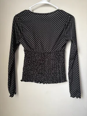 Good Days Project Black White Polka Dot Smocked Long Sleeve Top S thumbnail 2