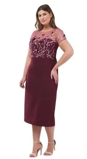 JS Collections Burgundy Red Floral Beaded Illusion Sheath Cocktail Dress thumbnail 1