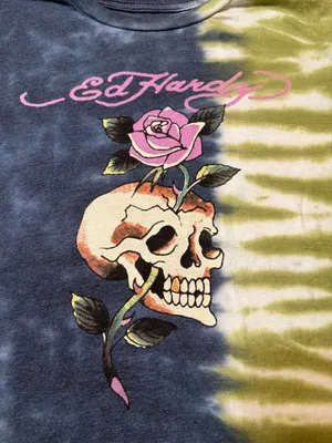 Vintage Y2K Ed Hardy Split Tie Dye T Shirt Skull Rose Graphic Single Stitch Sz M thumbnail 3