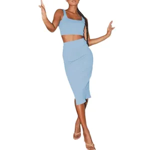 Women's 2 Piece Outfits Tank Top Ribbed Knit Bodycon Slit Skirt Set Blue small thumbnail 5
