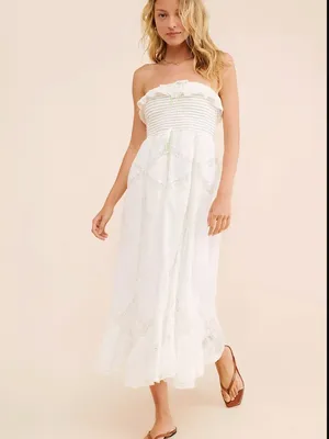 Free People Hi Hello White Cotton Smocked Strapless Lace Trim Midi Dress Size M thumbnail 15