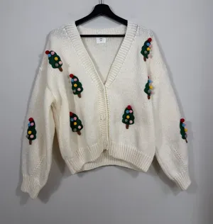 Luna Ivy Christmas Tree Pom Pom Cardigan Sweater Ivory Women’s M thumbnail 1