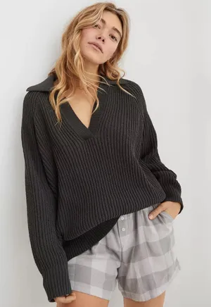 Aerie Sugar Rush Chenille Sweater V-Neck Collared Oversized Size Small thumbnail 1