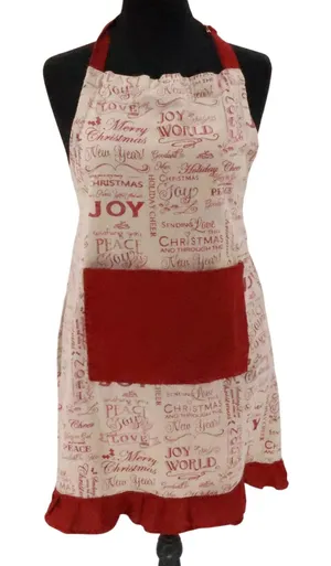Vintage Holiday Christmas Apron Kitchen Womens Size OS Red Cream Joy Love Pocket thumbnail 1
