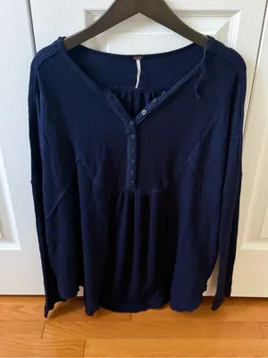 Free People Leo Henley Waffle Knit Thermal in Navy thumbnail 2