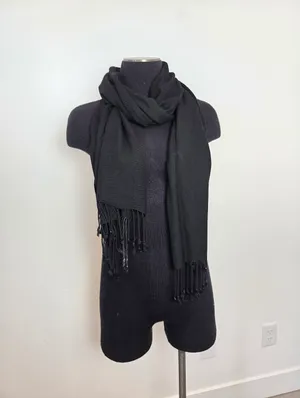 Black Fringe Trim Scarf Rectangle Classic Lightweight Academia Whimsigoth Unisex thumbnail 3