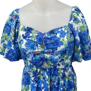 NEW BTFBM Blue Floral Short Puff Sleeve Cutout Tiered Maxi Midi A-Line Dress XXL thumbnail 3